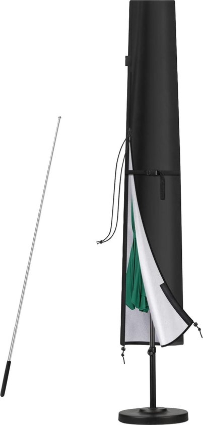 Zwarte parasolhoes met telescopische stang, tegen een witte achtergrond.