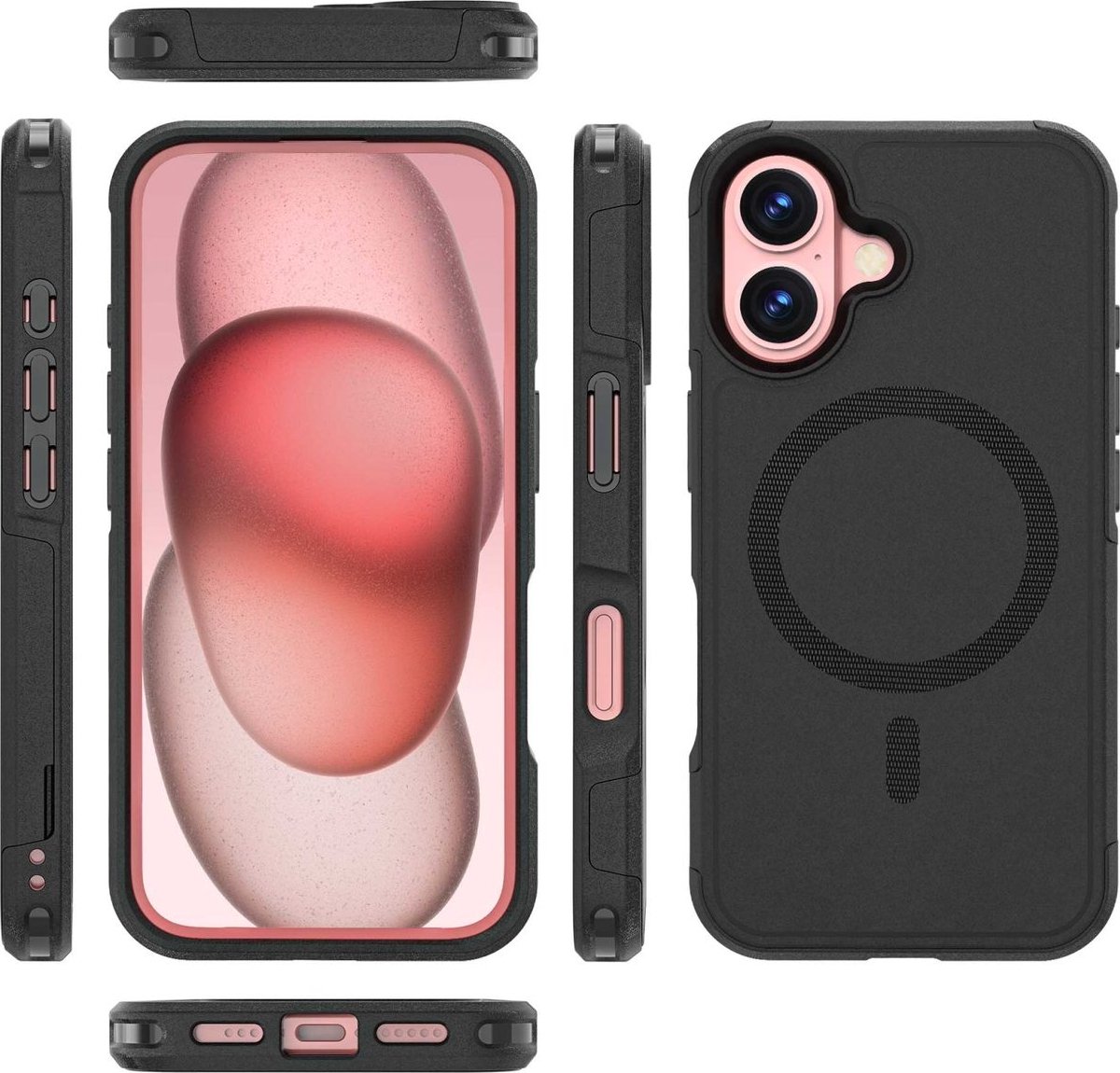 Mobigear Hoesje geschikt voor Apple iPhone 16 MagSafe Telefoonhoesje Hardcase | Mobigear Traveller Backcover Shockproof | Geschikt voor MagSafe | Geschikt voor Draadloos Opladen met Magnetische Ring | Geschikt voor MagSafe Case - Zwart