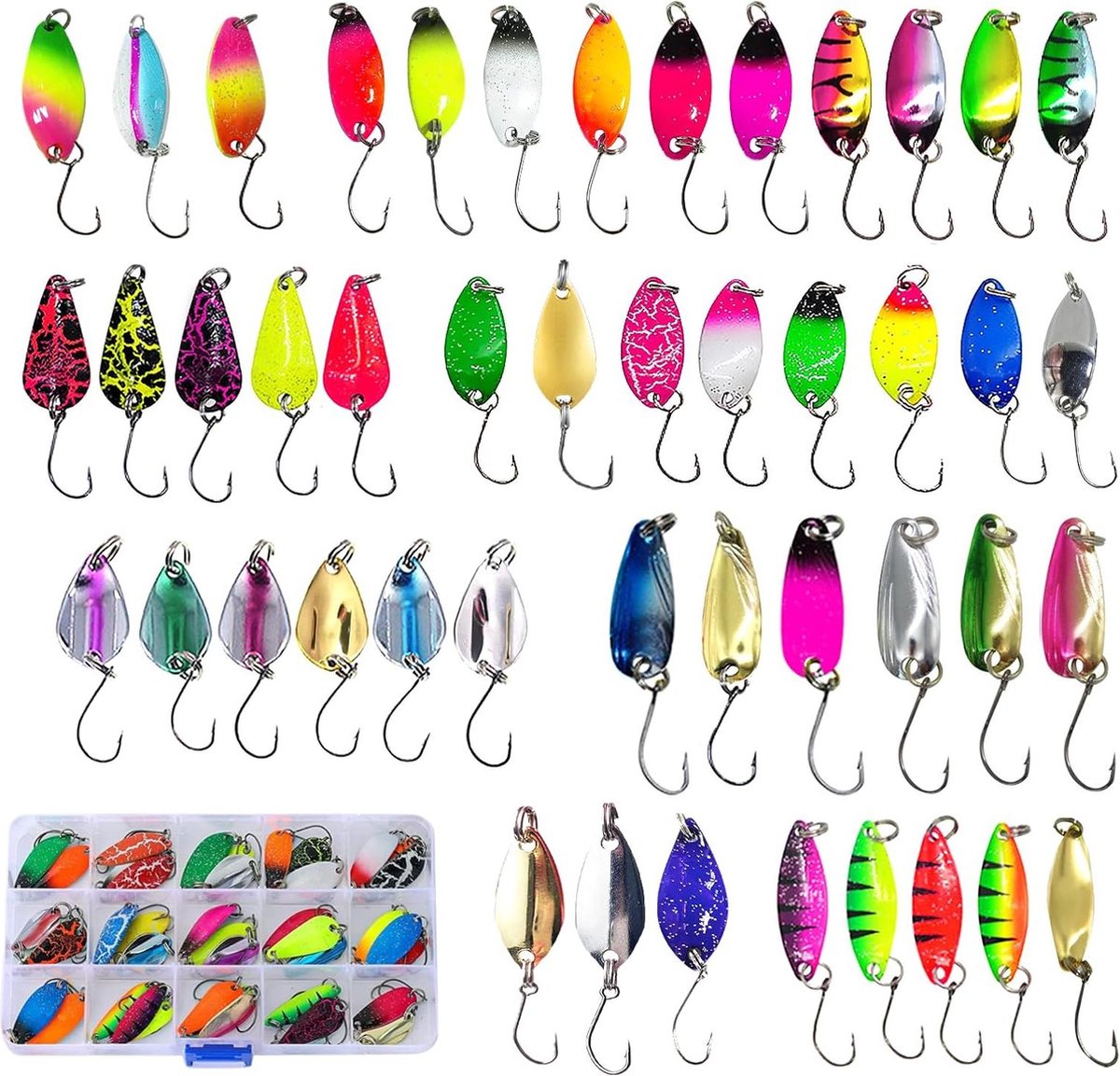 Visaas forelset - 2 g/25 g/3 g/32 g/35 g/45 g/5 g - aasvis spoons - opbergdoos - spinner knipperset - voor snoek snoekbaars baars