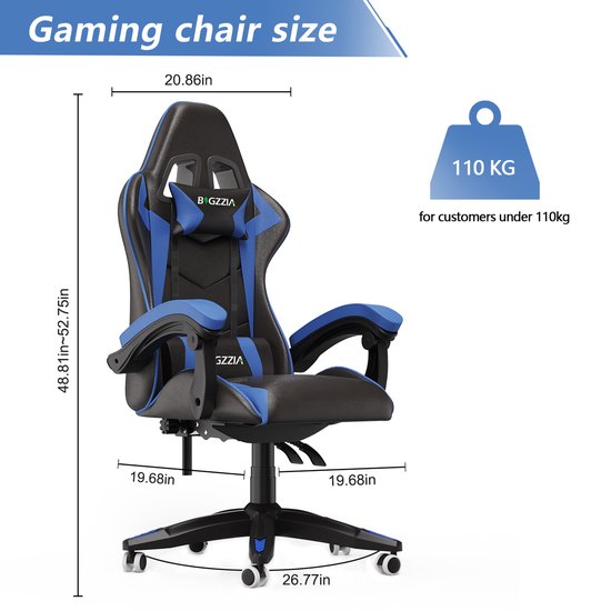 Afmetingen van de zwarte en blauwe gamestoel, geschikt voor personen onder 110 kg.