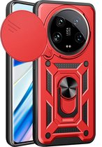 Xiaomi 14 Ultra Hoesje - MobyDefend Pantsercase Met Draaibare Ring - Rood - GSM Hoesje - Telefoonhoesje Geschikt Voor Xiaomi 14 Ultra