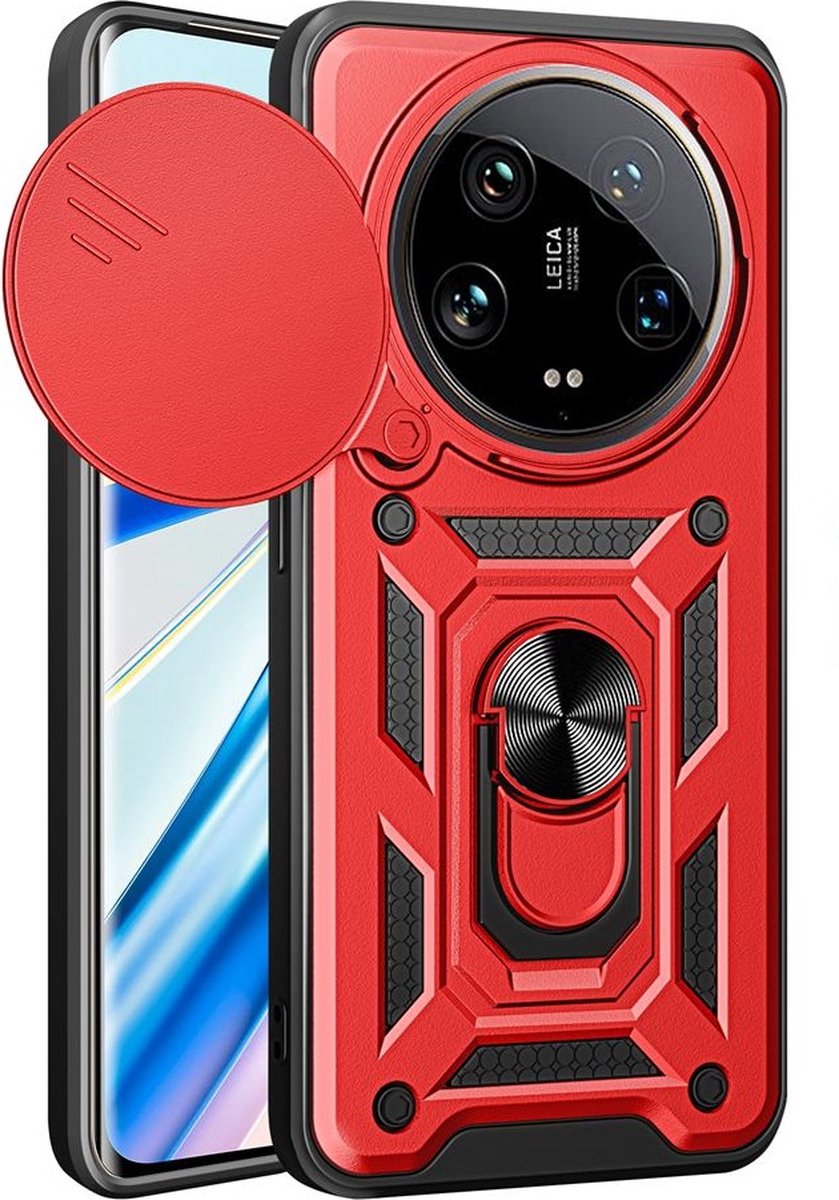MobyDefend Hoesje - Geschikt voor Xiaomi 14 Ultra - Pantsercase Met Draaibare Ring - Rood