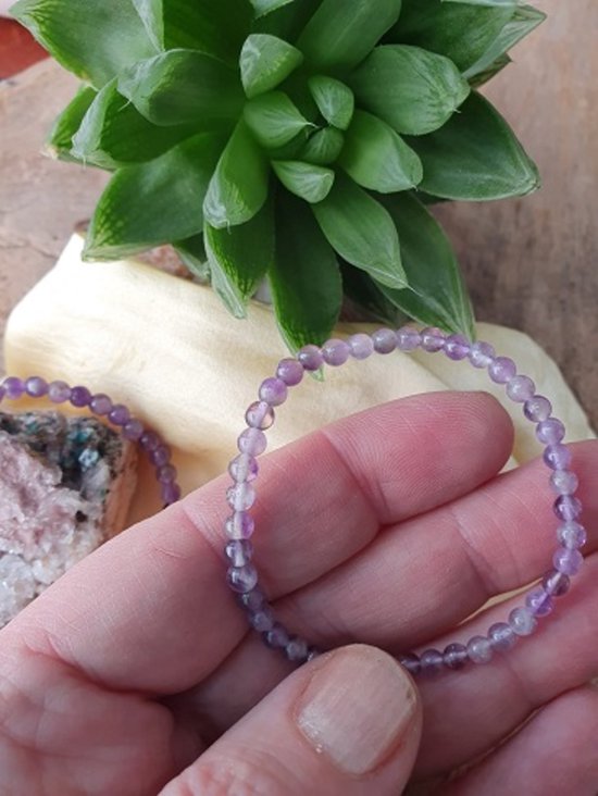 Hand houdt een armband vast van paarse amethistkralen, met plant en rots op de achtergrond.