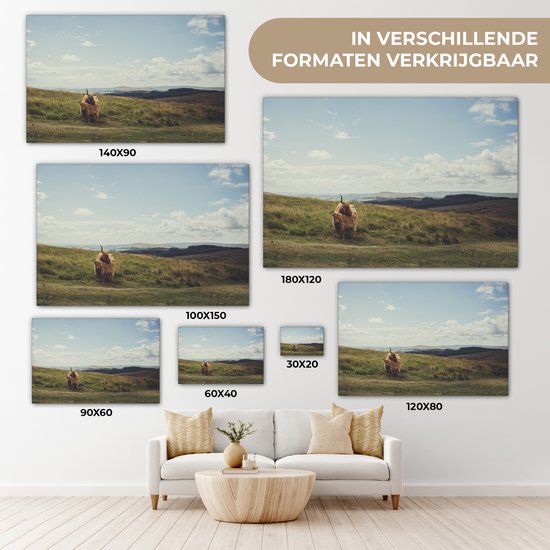 Peinture sur toile Highlanders écossais - Herbe - Nuages ​​- Animaux - 140x90 cm - Décoration murale