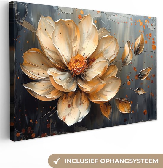 Canvas schilderij 120x80 cm - Wanddecoratie Bloemen - Goud - Kunst - Zwart - Modern - Muurdecoratie woonkamer - Kamer decoratie modern - Abstracte schilderijen