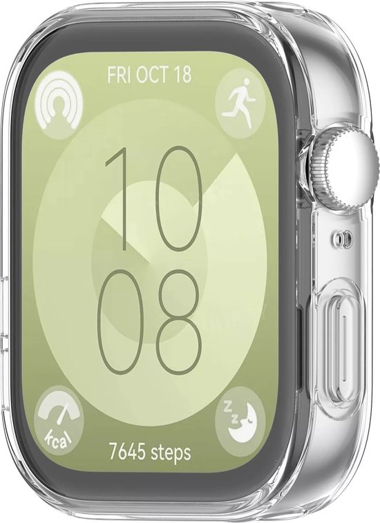 Transparante beschermhoes voor smartwatch, met zicht op het groene scherm met "FRI OCT 18" en "10 08".