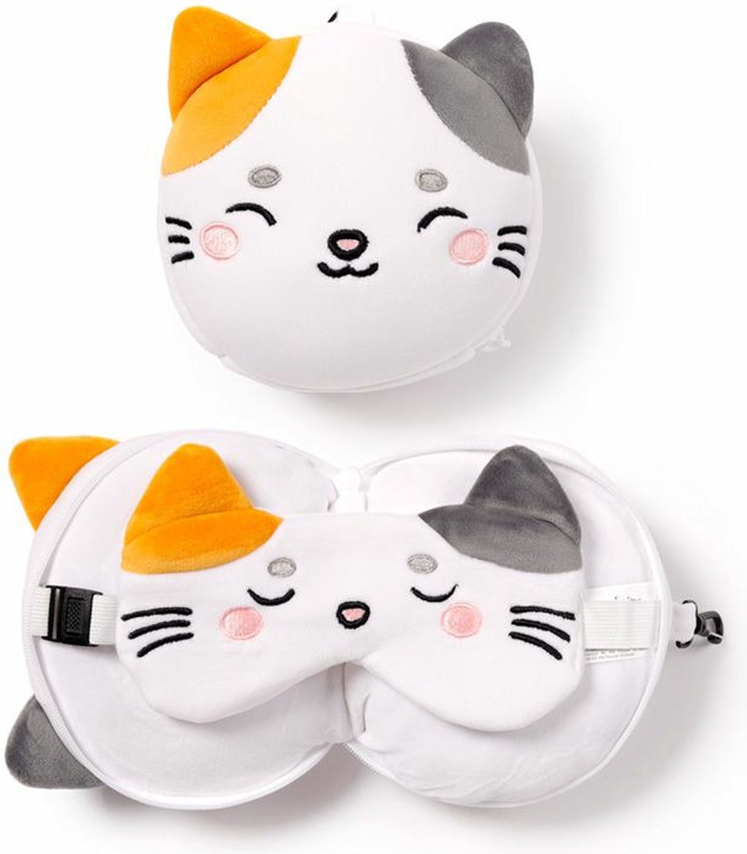 Relaxeazzz Lola de Kat knuffel/reiskussen/slaapmasker - 2-in-1 set - voor kinderen- in vliegtuig of auto