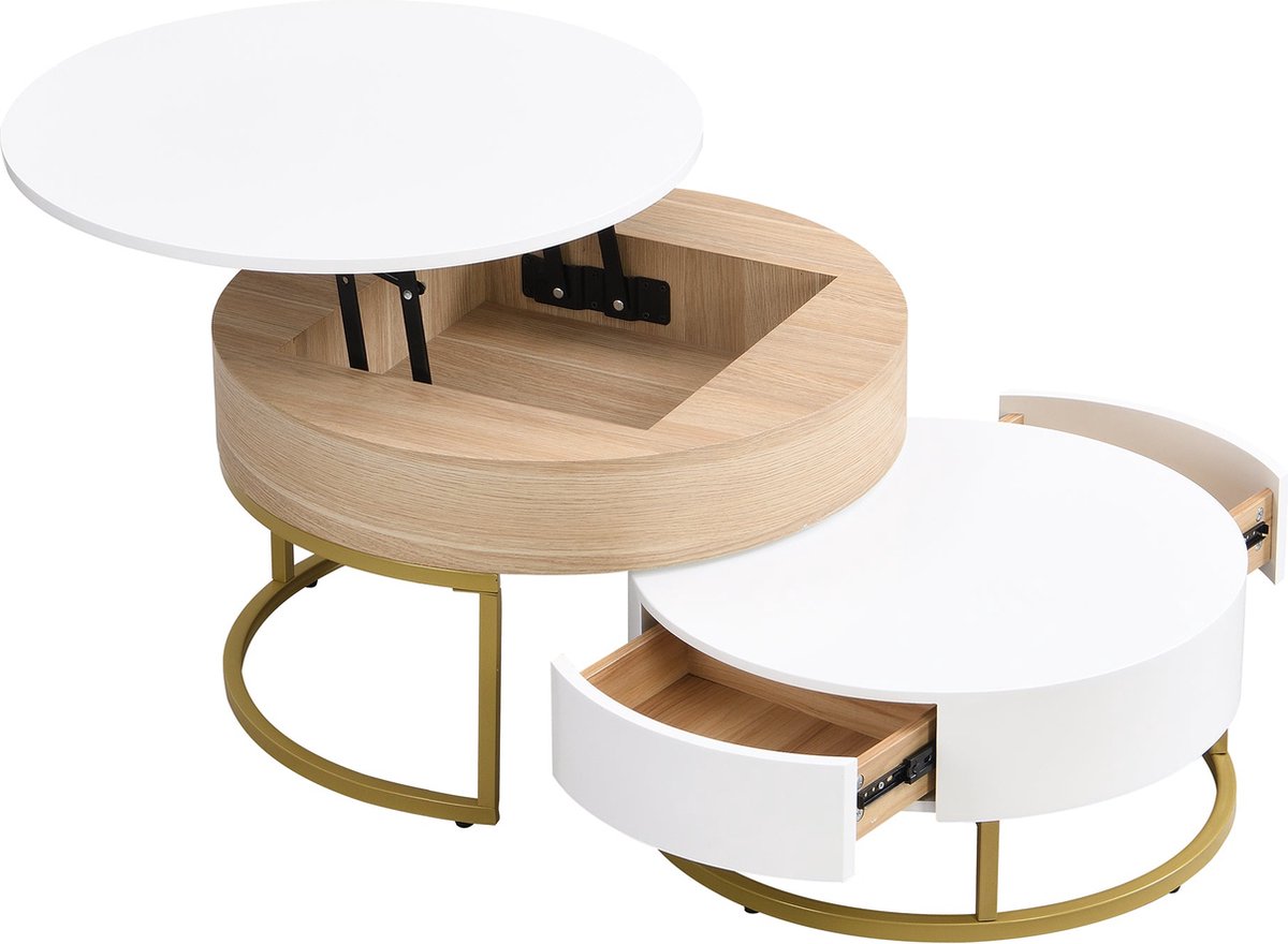 Merax Luxe Salontafel Set van 2 - Verstelbare Salontafels met 2 Lades - Bijzettafels - Wit met Bruin en Goud