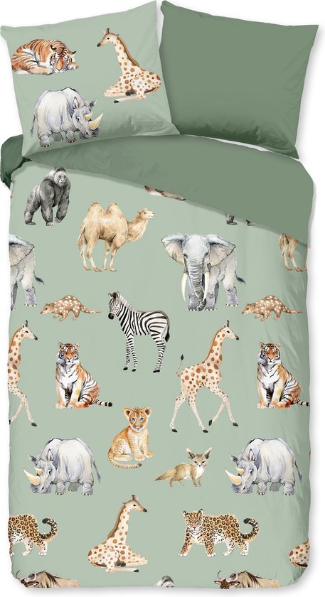 Pure dekbedovertrek safari dieren - 1 persoons 140x200/220 cm - Groen - Microvezel