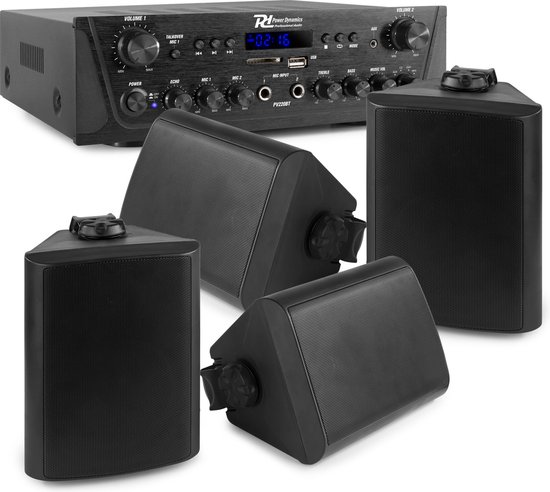 Geluidsinstallatie - Power Dynamics horeca geluidsinstallatie met Bluetooth en mp3 speler en 4 weerbestendige speakers - Zwart
