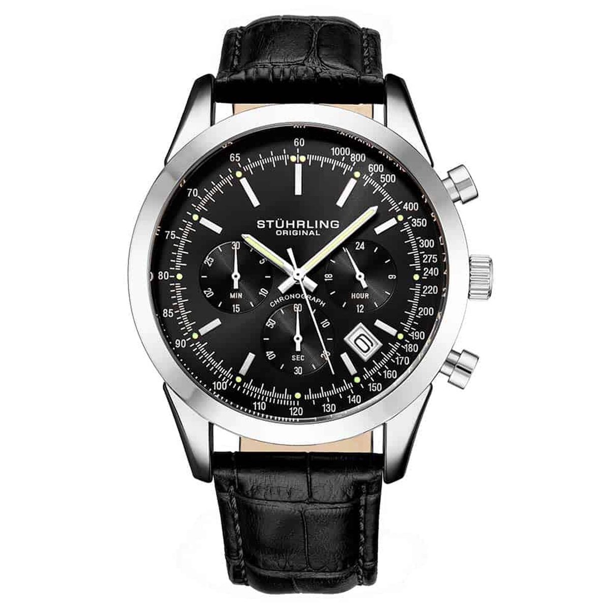 Stührling Rialto 3975L Quartz 44mm Chronograaf Horloge - Horloge Heren - Horloges voor Mannen - Waterdicht 10 ATM - Band van Alligator geprint Leer