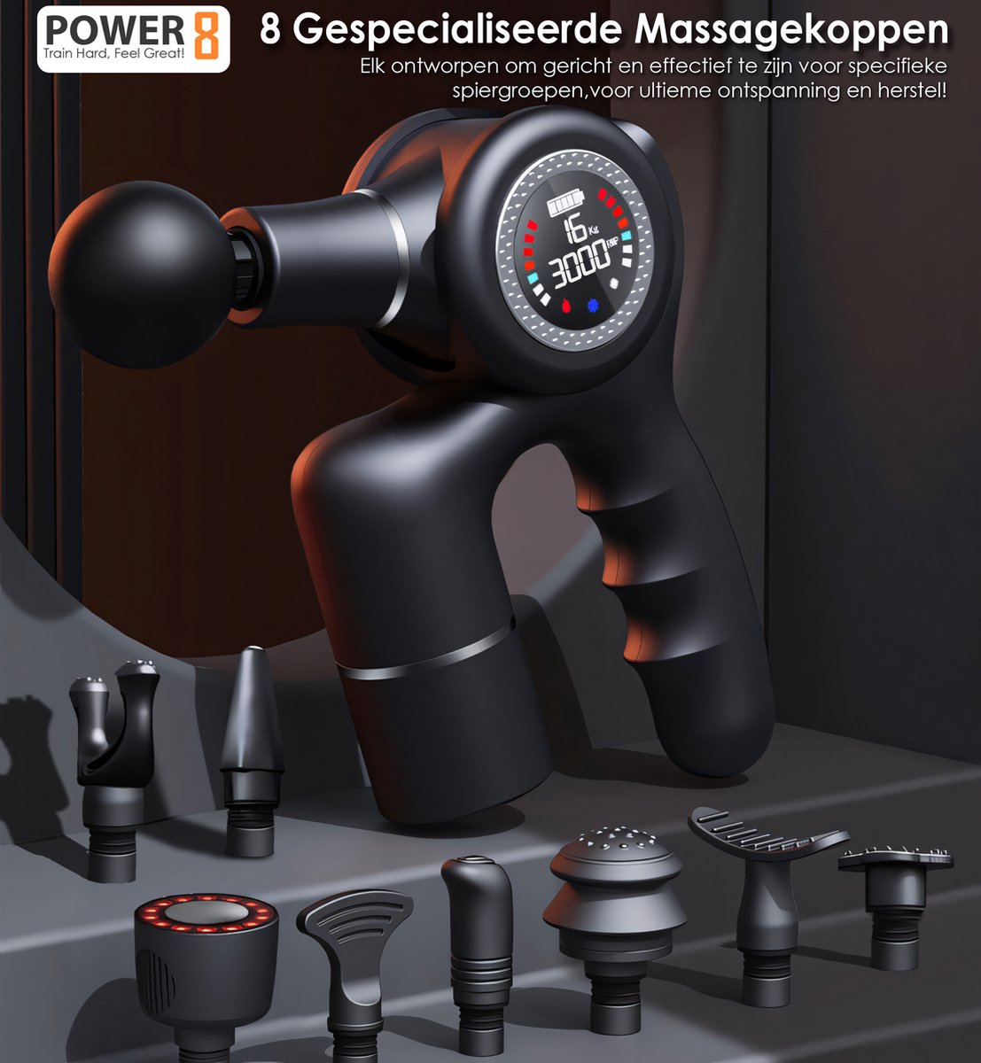 Afbeelding 2 van Power-8® Professioneel Massagepistool voor Sporters & Fysiotherapie – Druksensor – 8 Koppen – Warm & Koud Compress – Spierherstel & Diepe Massage - kerstcadeau