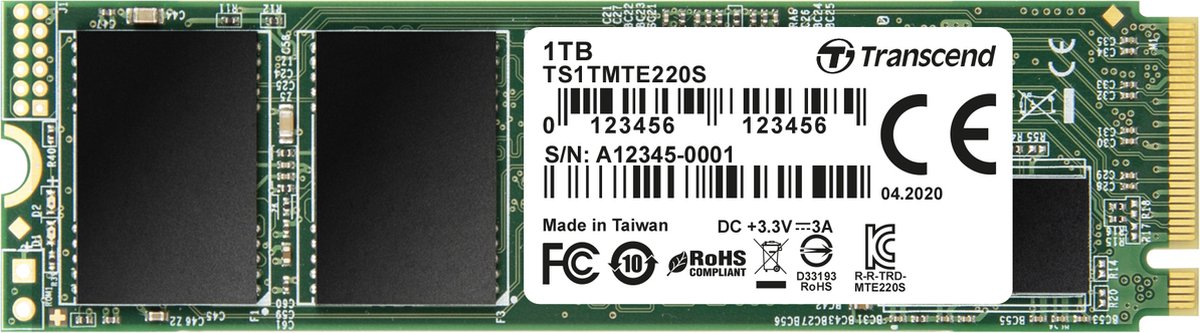 Transcend 220S NVMe/PCIe M.2 SSD 2280 harde schijf 1 TB M.2 NVMe PCIe 3.0 x4