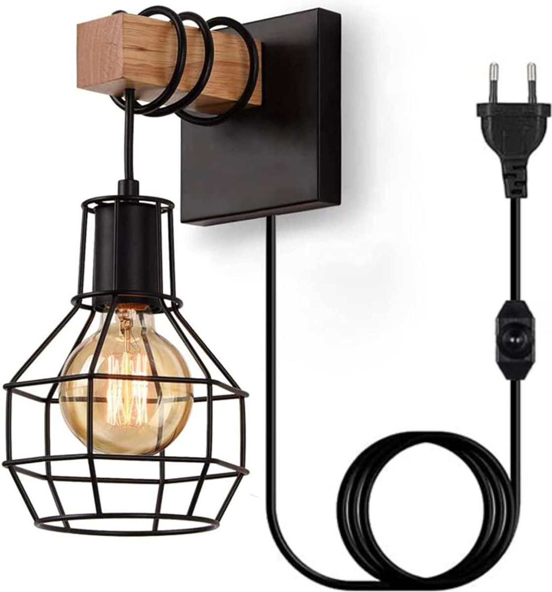 Dimbare Vintage Wandlamp Zwart Industriële Retro Lamp - Wandlamp Binnen E27 Metaal Hout Schakelkabel Stekker Trappenhuis Slaapkamer Restaurant Woonkamer - Gloeilamp