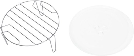 Een metalen magnetronrek en een glazen magnetronschaal, beide los van elkaar.
