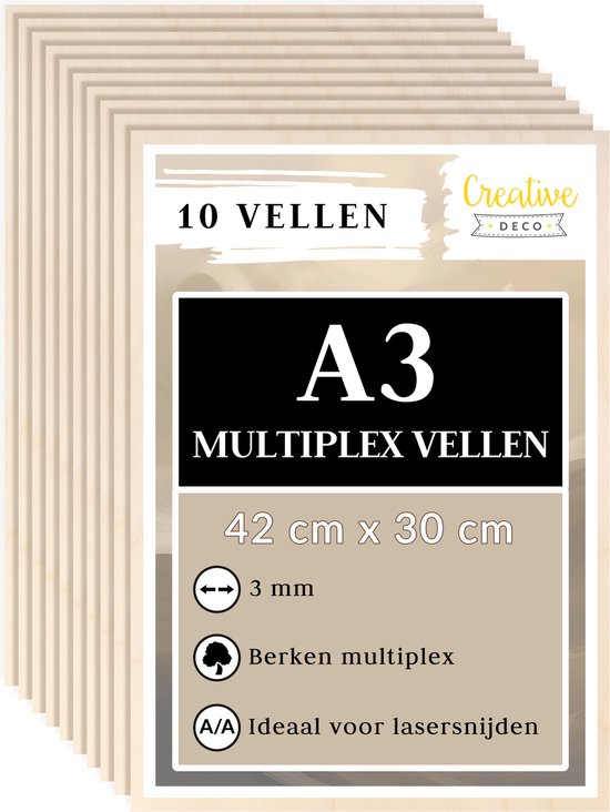 Een stapel van 10 A3 berken multiplex platen. Afmetingen 42 x 30 cm, dikte 3 mm. Geschikt voor laser.
