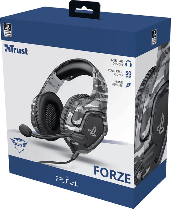 Doos van de Trust GXT 488G Forze gaming headset voor PS4, grijs camouflagepatroon.