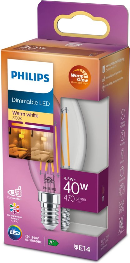 Ampoule LED Philips Flamme 40W 470 lumens, dimmable, lumière blanc chaud 2700K. Forme de flamme transparente.