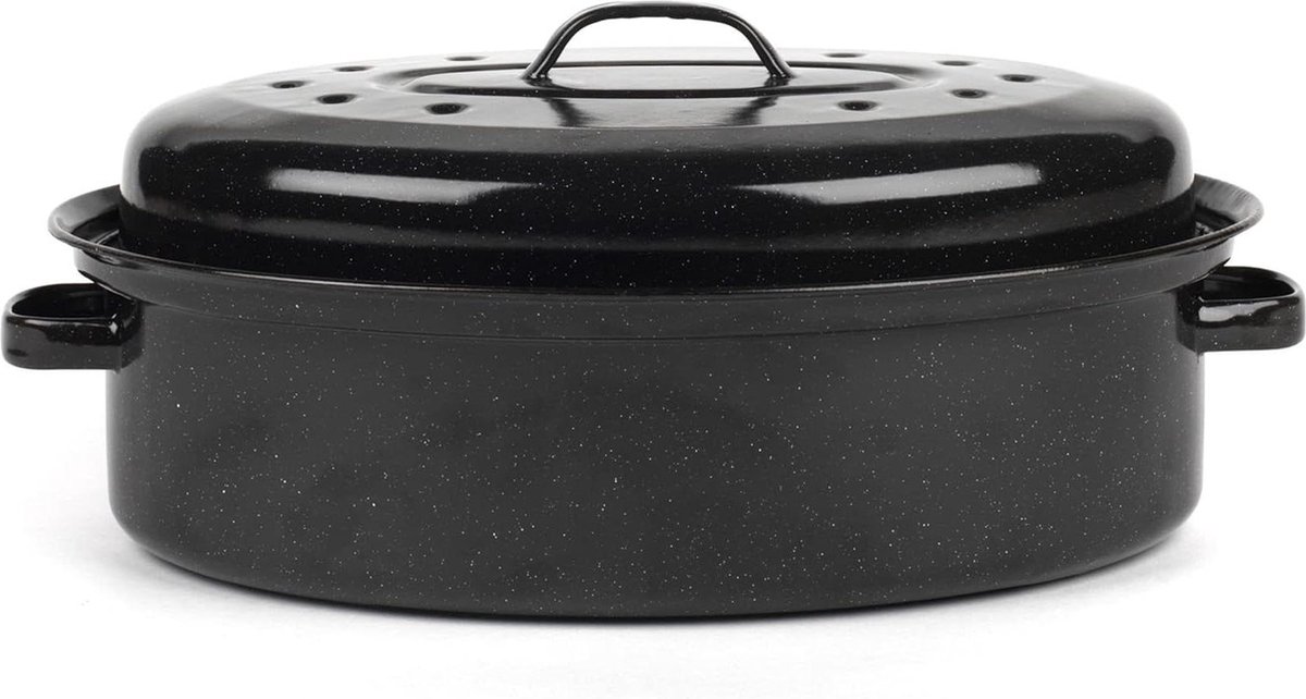 Vitreous Enamel Self Basting Roasting Tin - 36 cm Black - Dishwasher Safe - Oven Safe