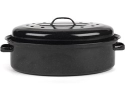 Vitreous Enamel Self Basting Roasting Tin - 36 cm Black - Dishwasher Safe - Oven Safe