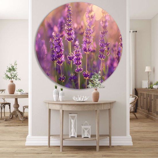Pot mural Lavande - Tableau Fleurs rond - Décoration murale ronde Coucher de soleil - Décoration murale chambre d'enfant - Décoration murale ronde - Décoration murale cercle salon forex 60x60 cm