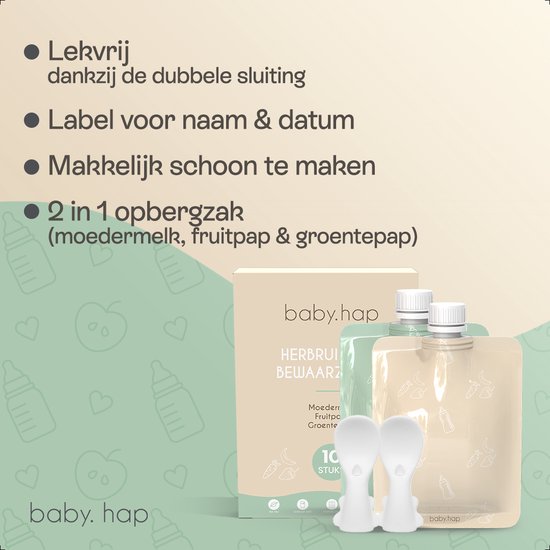 Baby.hap - Herbruikbare Moedermelk Bewaarzakjes - 10 stuks - Fruit & Groente Bewaarzakje met Sluitingsdop & 2x bijhorende Siliconen Lepels - 200 ml - (BPA Vrij) van Baby.hap — afbeelding 5