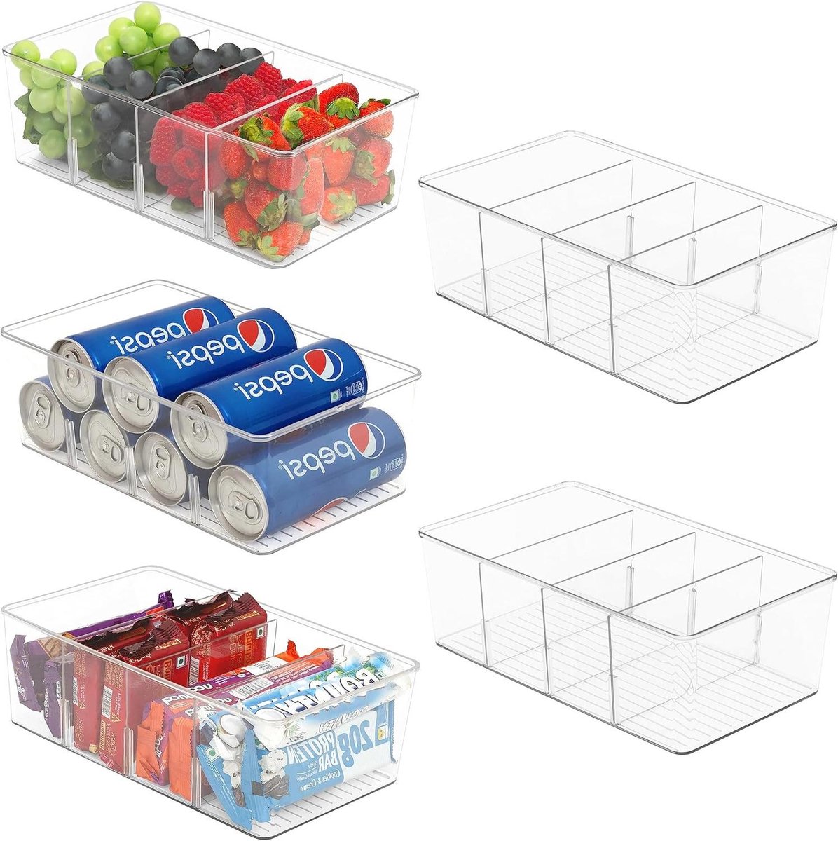 Winter Shore Food Storage Organizer Bins 5 Pack Basement Organization Snack Cans Drinks Clear Fridge Baking with Removable Dividers