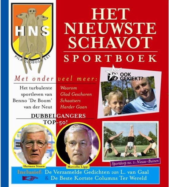 Boekomslag met de titel 'Het Nieuwste Schavot Sportboek'. Bevat afbeeldingen van mensen, dieren en tekst.