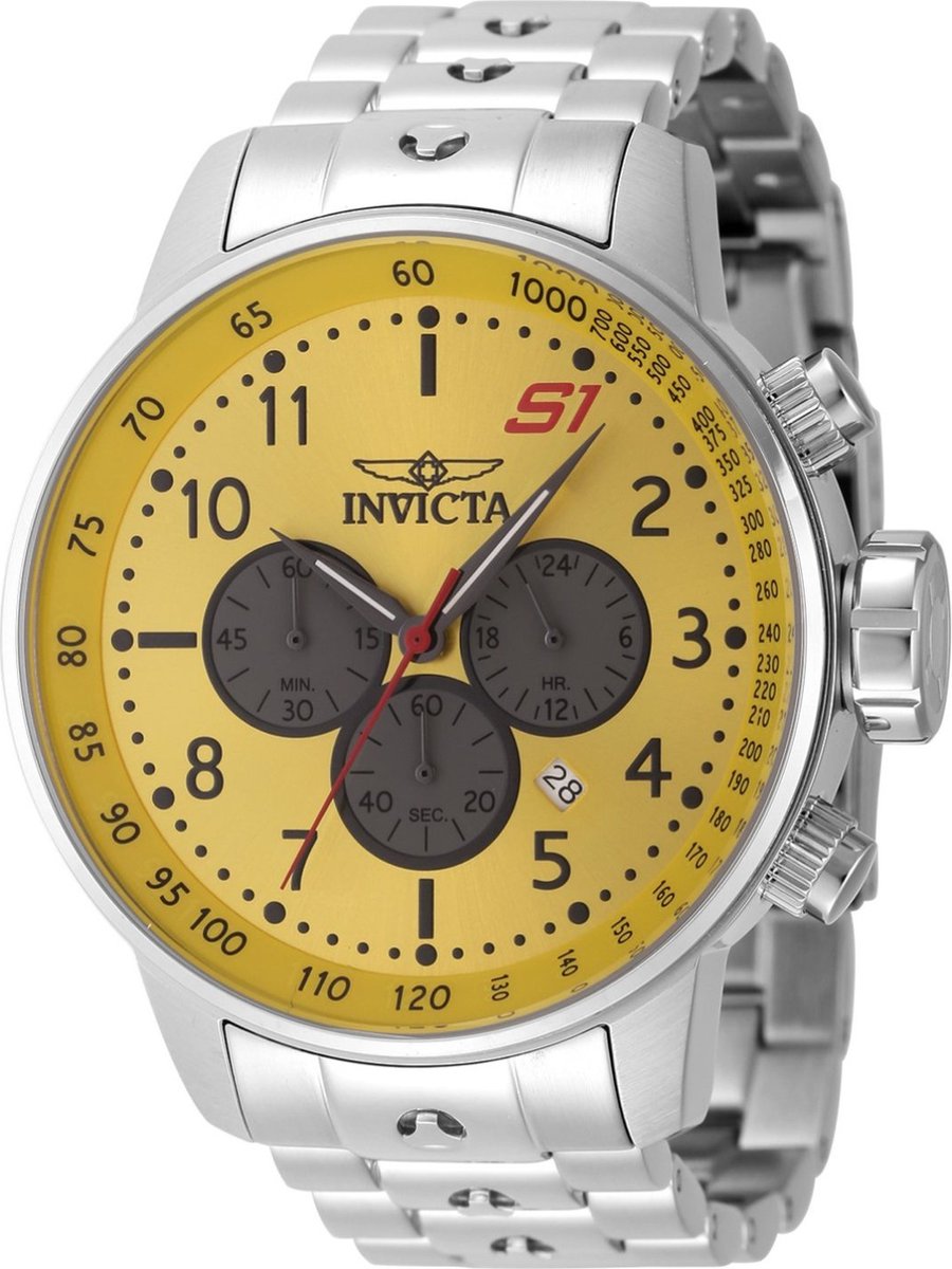 Invicta S1 Rally 23085 Heren Horloge - Waterdicht - Analoog - Quartz Uurwerk - Roestvrij Staal met Gele Wijzerplaat - 48mm