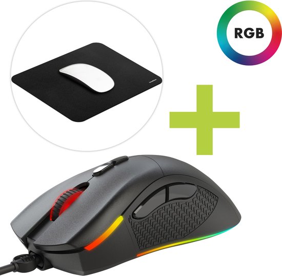 imoshion Bedrade Gaming Muis met RGB Led Verlichting Geschikt voor Laptop en Computer Inclusief Muismat - 21 x 26 cm