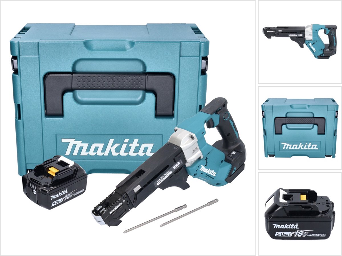 Makita DFR 551 T1J accu-schroefmachine met magazijn 18 V 25 - 55 mm borstelloos + 1x accu 5,0 Ah + Makpac - zonder oplader