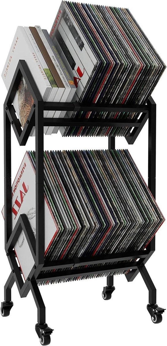 Vinyl Record Opslaghouder Rack met Casters - Opslag Display Stand voor DJ LP's - Gemakkelijk te verplaatsen mobiele opslag voor boekalbums - Zwart Industrieel design vinyl holder