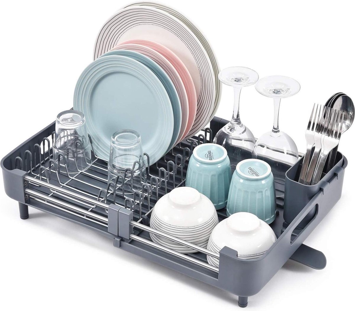 Goedkoopste Uitbreidbaar opvouwbaar afdruiprek van roestvrij staal met bestekhouder - verstelbaar en draaibare drainagetuit - grijs dish drying rack