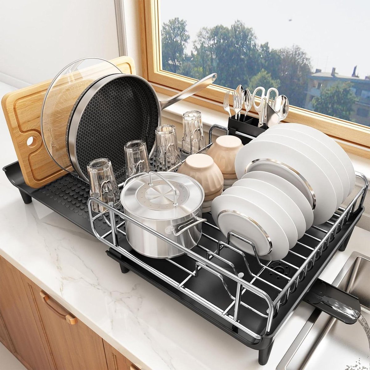 Goedkoopste Uitbreidbaar afdruiprek - lekbak - niet-krasplaatrek - verstelbaar - gootsteenrek - draaibare afvoeruitloop - keukenaanrecht organizer - zwart dish drying rack