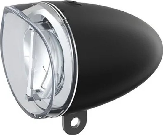 Zwarte retro fietslamp met transparant glas en metalen bevestigingsbeugel.