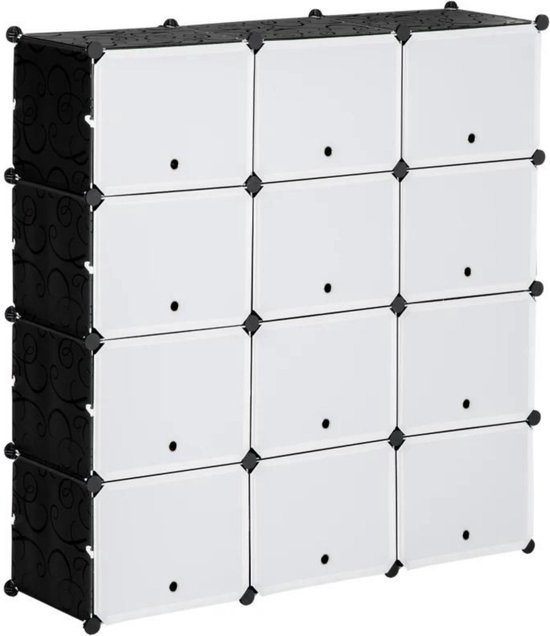 Modulaire opbergkast met 12 witte deuren en zwarte zijkanten met reliëfpatroon.