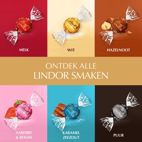 Zes verschillende smaken Lindt LINDOR chocolade: Melk, Wit, Hazelnoot, Aardbei & Room, Karamel Zeezout, Puur.