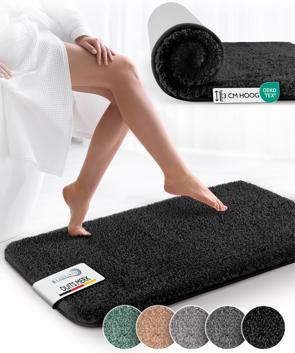 Beautissu BeauMare FL – Badmat Antislip 80x50 cm Zwart – Hoogpolig Tapijt – Voor Vloerverw