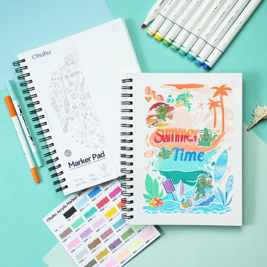Een blanco Ohuhu marker papier blok naast een blok met een zomerse kikkerillustratie, met kleurstalen.