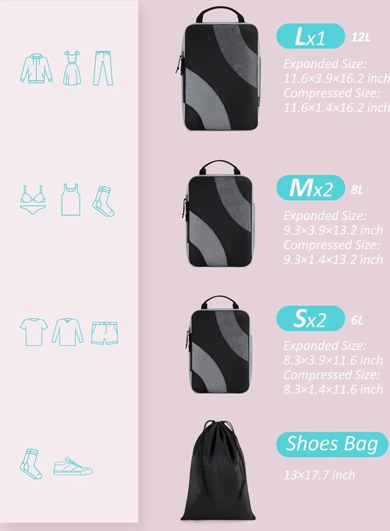 Kofferorganizer, compressieverpakking, kubus, set van 4 herbruikbare TPU- vacuümzakken met IPX8 waterdichte ritssluiting, vacuümzakken voor kleding, ondergoed, sokken, schoenen