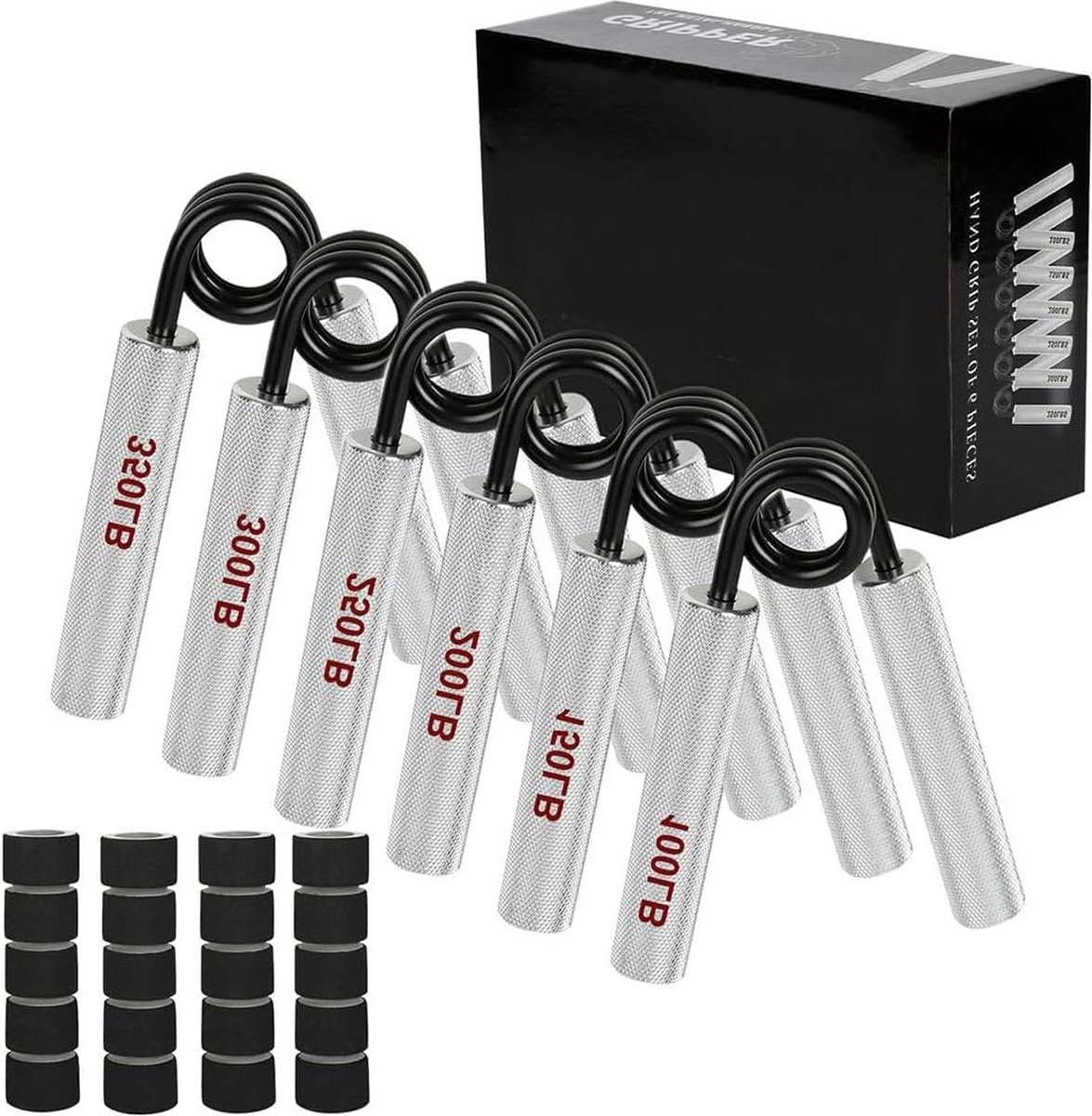 Onderarmtrainer- handtrainer van staal- 6 stuks- 100-350 lbs- gripkussen en doos- gehard staal- aluminium- spieropbouw- handrevalidatieoefeningen