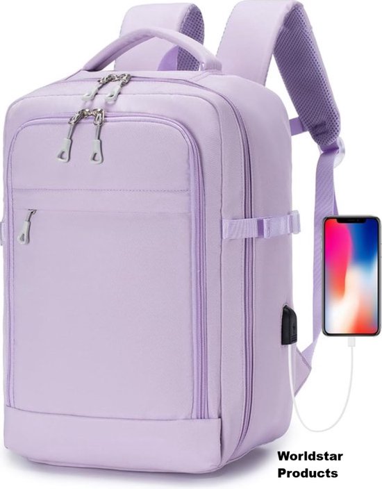 Lichtpaarse rugzak met smartphone die via een kabel op de USB-poort is aangesloten.