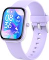Paars horloge met witte rand en een kleurrijke wijzerplaat met hartslag en stappenteller.