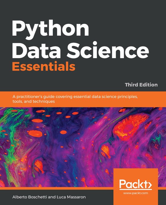 Boek "Python Data Science Essentials", derde editie. Abstracte, kleurrijke illustratie op de omslag.