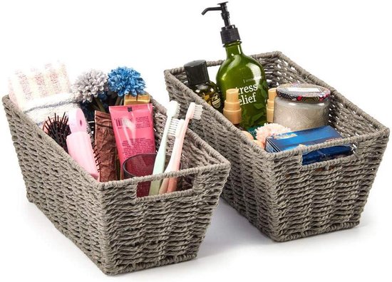 Set de 3 bacs à papier - gris - paniers de rangement en osier tissé avec poignées - EZOWare - panier de papier toilette conteneur organisateur multifonctionnel