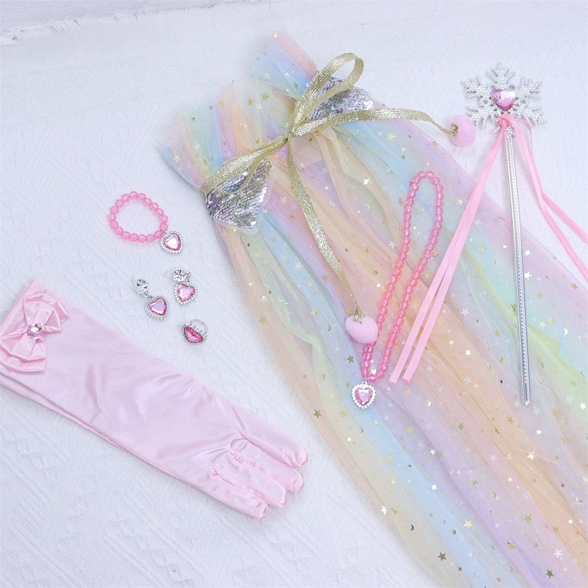 Joya Kids® Verkleedcape met Accessoires Regenboog kleuren | Prinsessencape | Cape Set | Unicorn | Meisje Verkleedset | Carnvalskleding Meisjes | Met Kroon, Staf, Handschoenen en Sieradenset — afbeelding 8