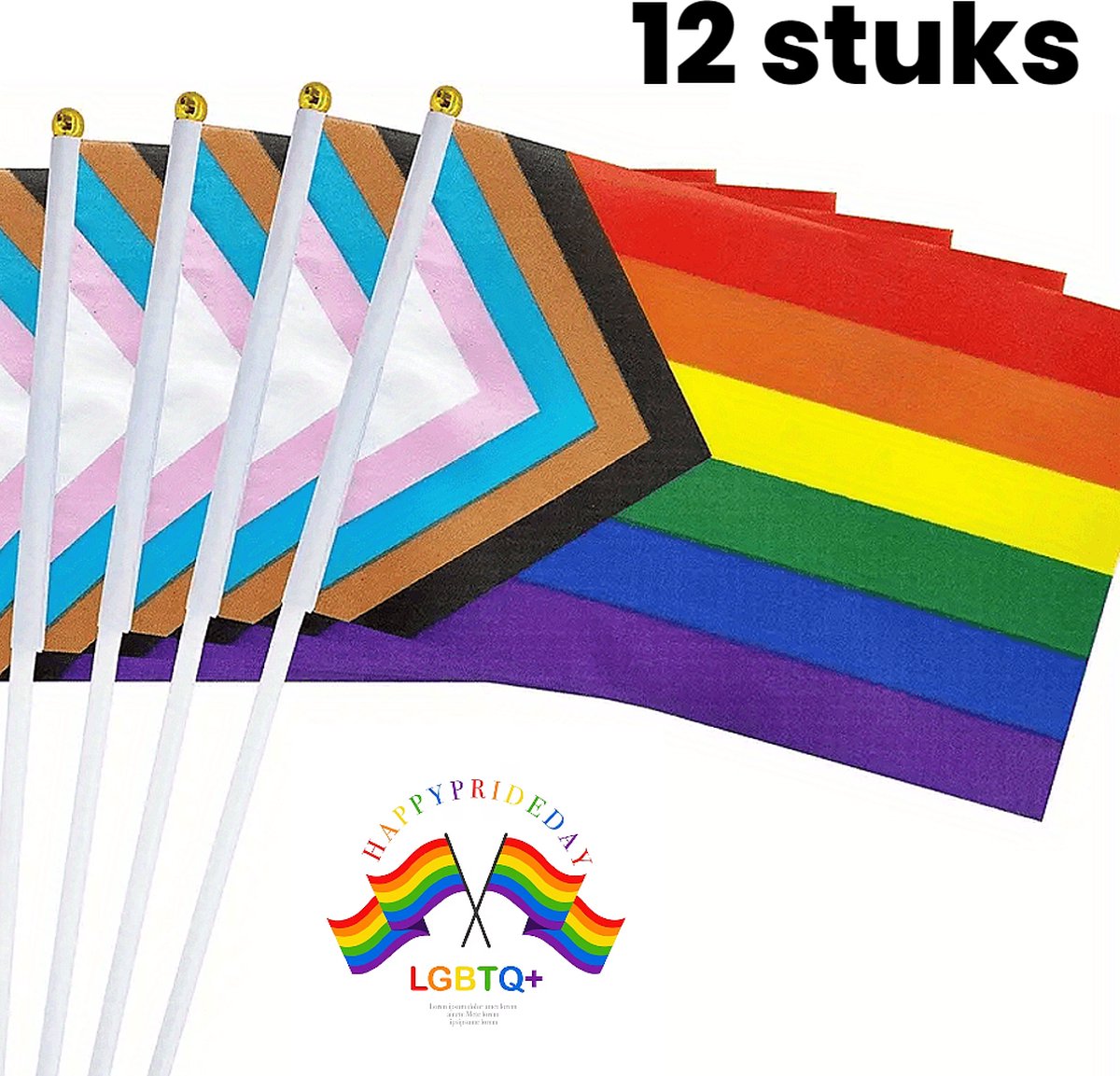 Allernieuwste.nl® 12 STUKS Regenboog LGBT+ Intersekse Vlaggen met Stok - LGBTQ Progress Pride Rainbow Vlag 21 x 14 cm stok 30 cm Handvlaggen - 14x21cm 12 STUKS