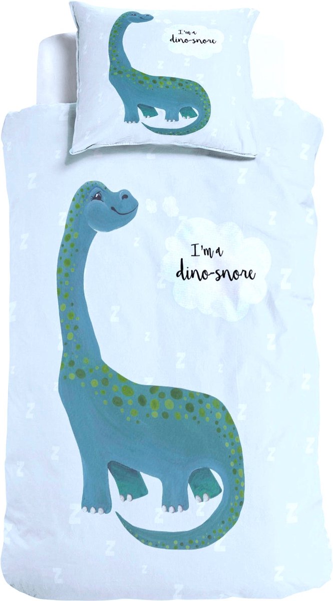 1-persoons jongens dekbedovertrek (dekbed hoes) lichtblauw (groen - blauw pastel) met grappige dinosaurus (dino T-rex) en wolkje “I’m a dino-sore” KATOEN eenpersoons 140 x 220 cm (stoer beddengoed kinderkamer)