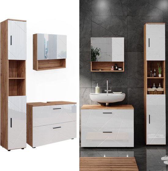 Halfhoge kast Irma, Eiken/Wit Hoogglans, 30 x 81 cm, Vicco | Eik | 406673127345406