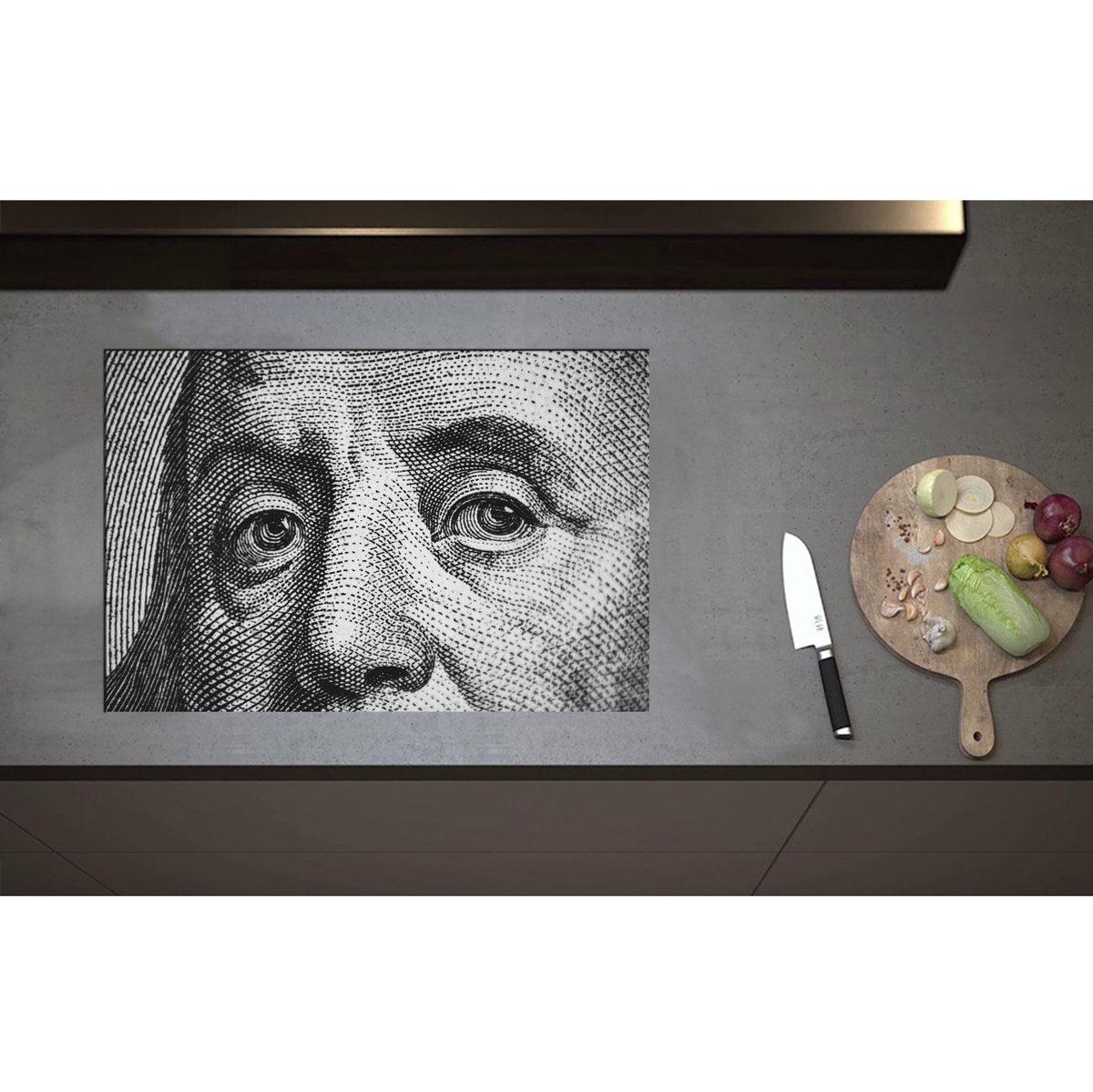 Inductieplaat Beschermer - Close-up van Benjamin Franklin op Biljet - 75x50 cm - 2 mm Dik - Inductie Beschermer - Bescherming Inductiekookplaat - Kookplaat Beschermer van Wit Vinyl